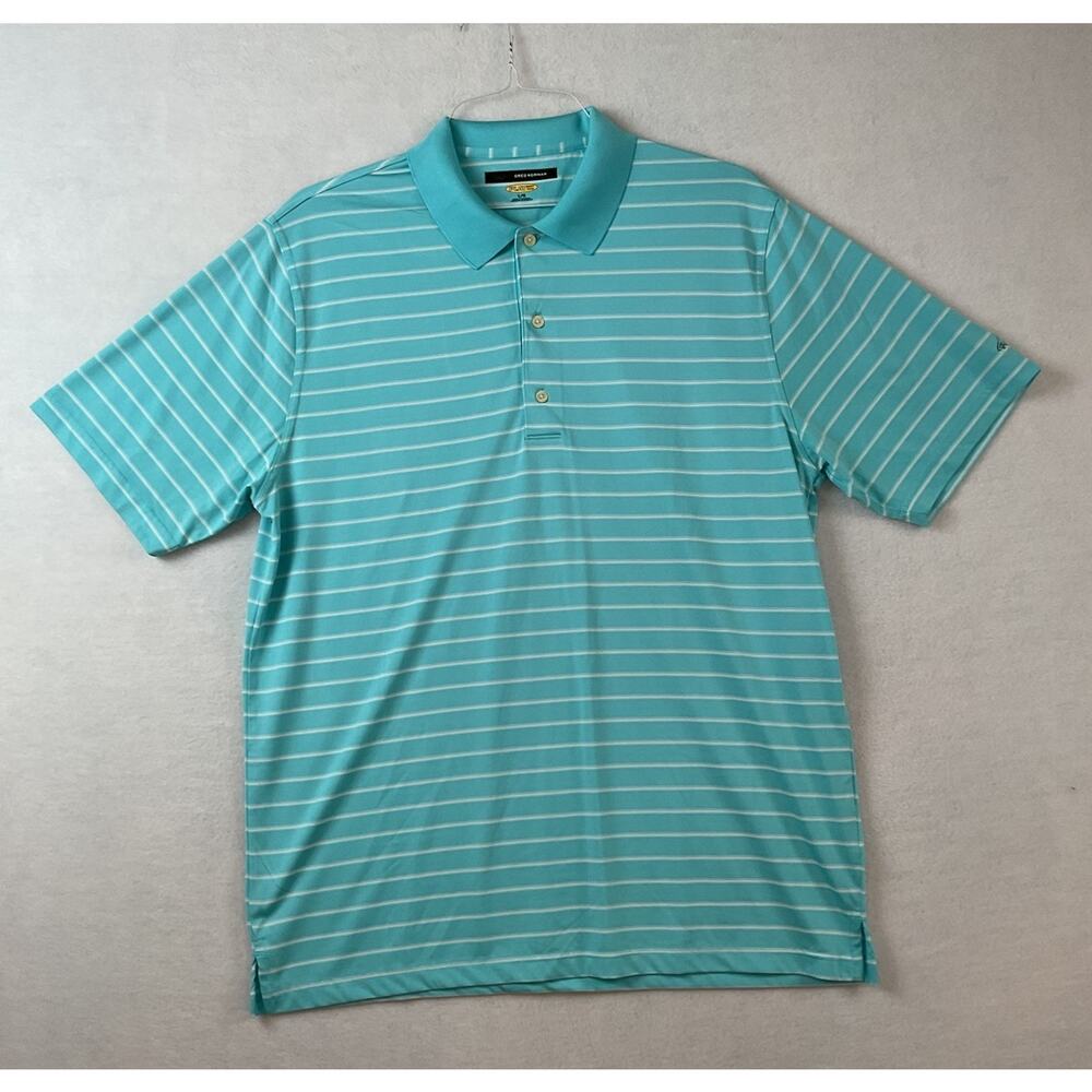 Greg Norman Play Dry Polo Shirt‎ Mens L Blue Stripe Short Sleeves Golf Shark